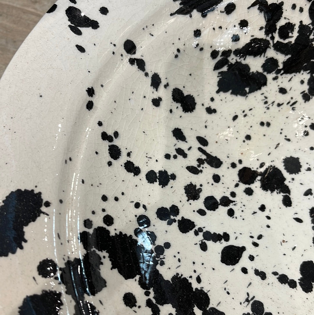 Terra Cotta Splatterware Glazed Black and Cream Shallow Bowl