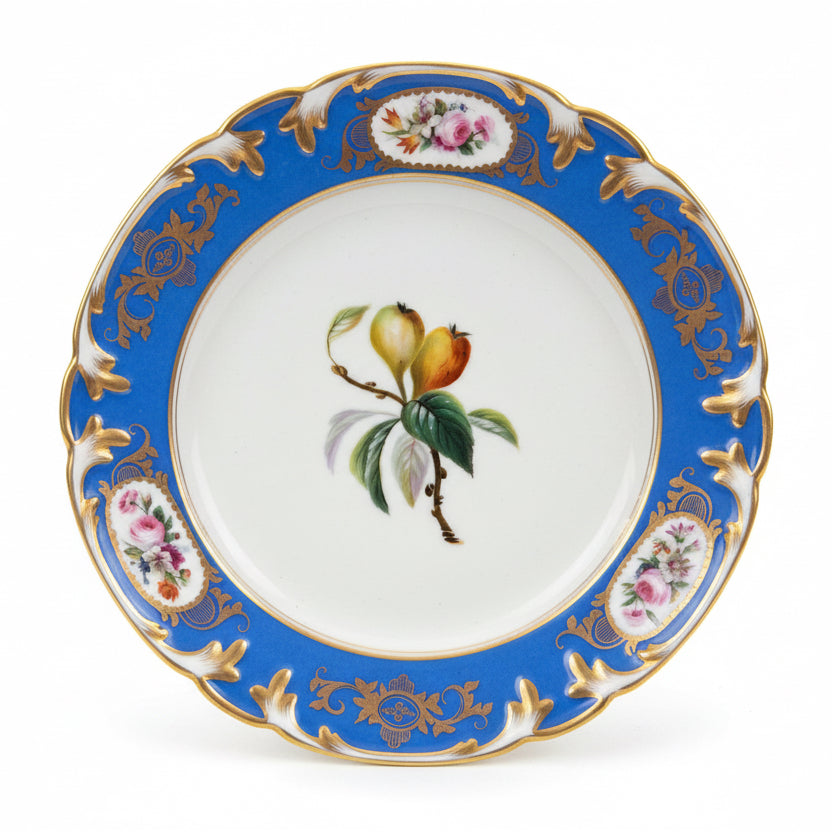 Circa 1850 French Paris Porcelain Plates with Hand Painted Fruit and Cobalt Gilt Rims