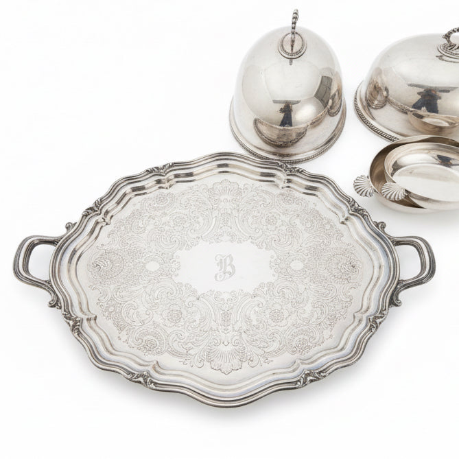 Large Silver Tray with 2 Handles and Initial "B"