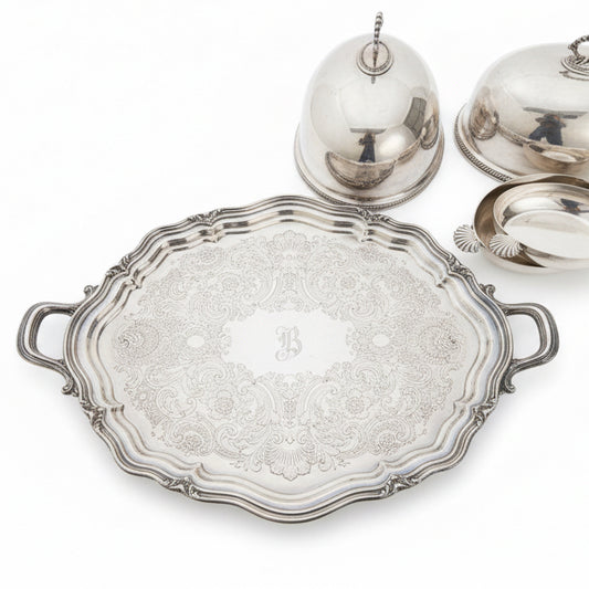 Large Silver Tray with 2 Handles and Initial "B"