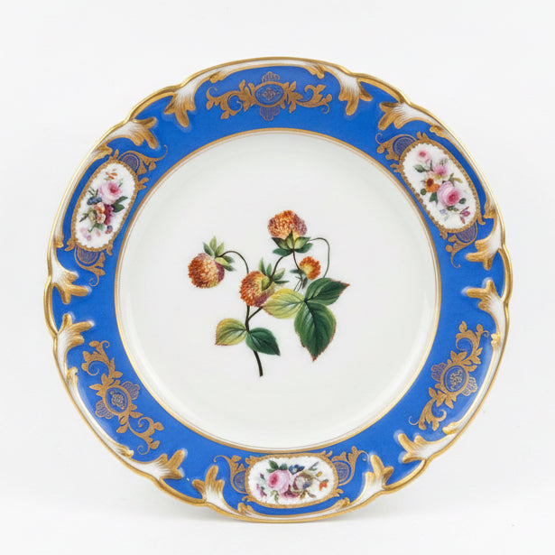 Circa 1850 French Paris Porcelain Plates with Hand Painted Fruit and Cobalt Gilt Rims
