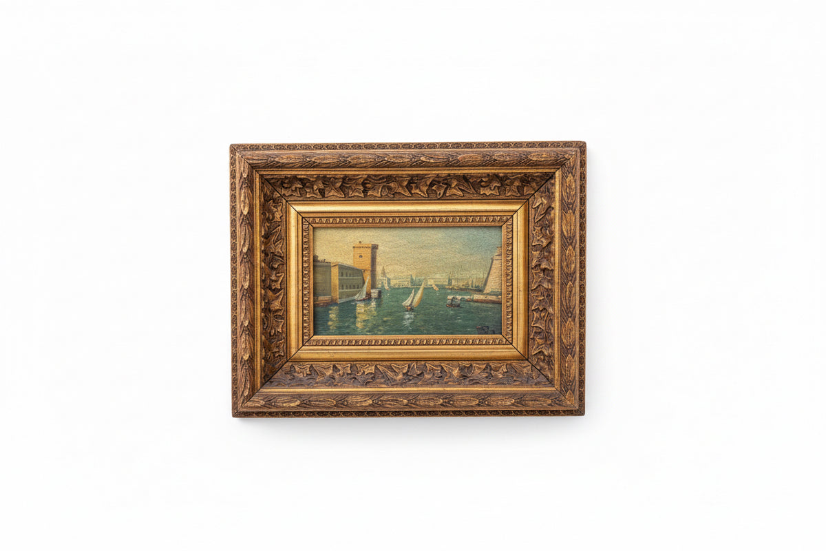 Antique European Coastal Oil Painting in Gilt Frame