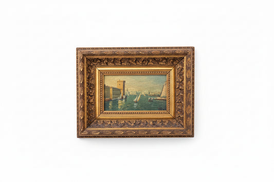 Antique European Coastal Oil Painting in Gilt Frame
