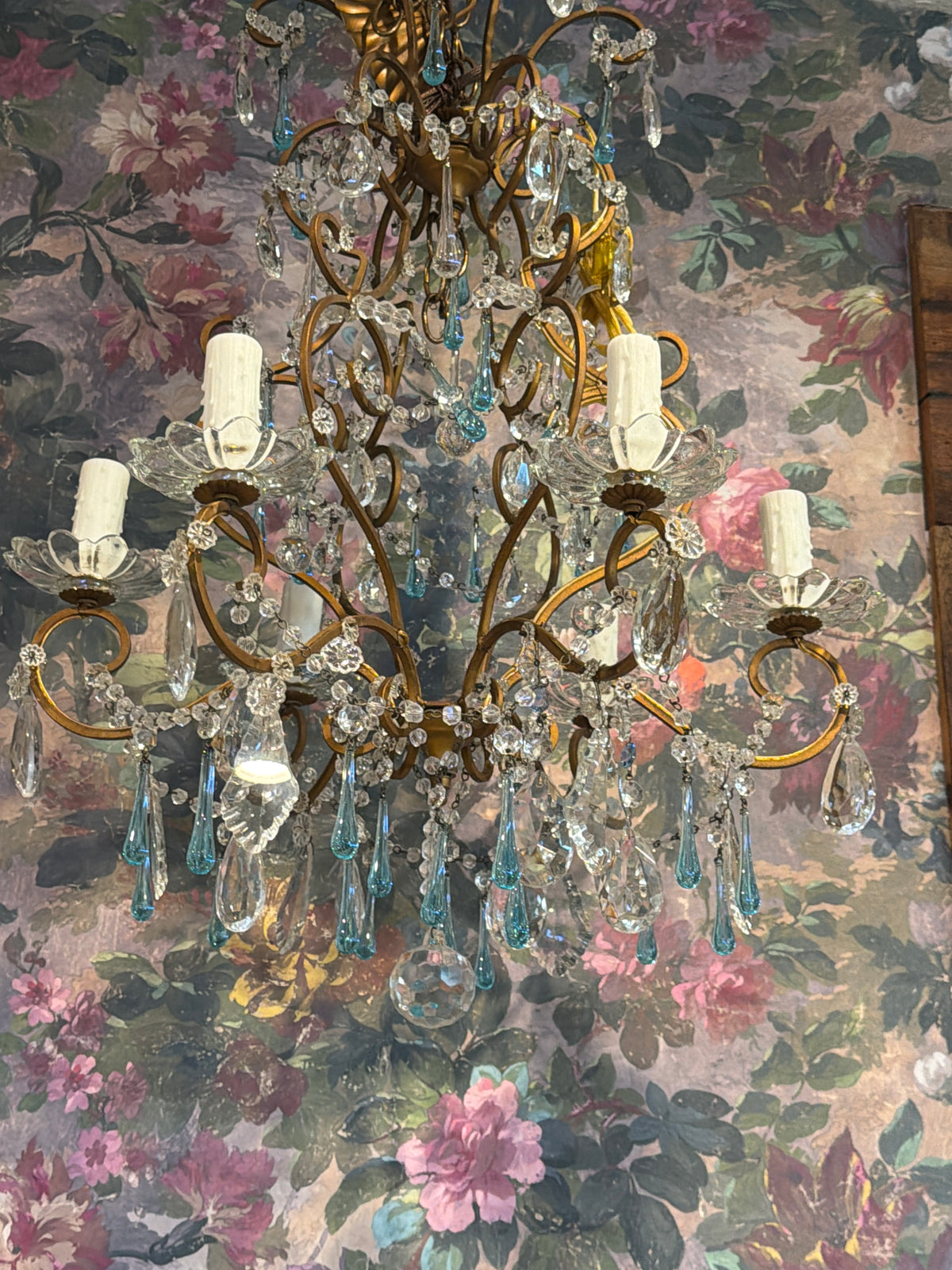6 Arm Crystal Chandelier with Baby Blue Tear Drops