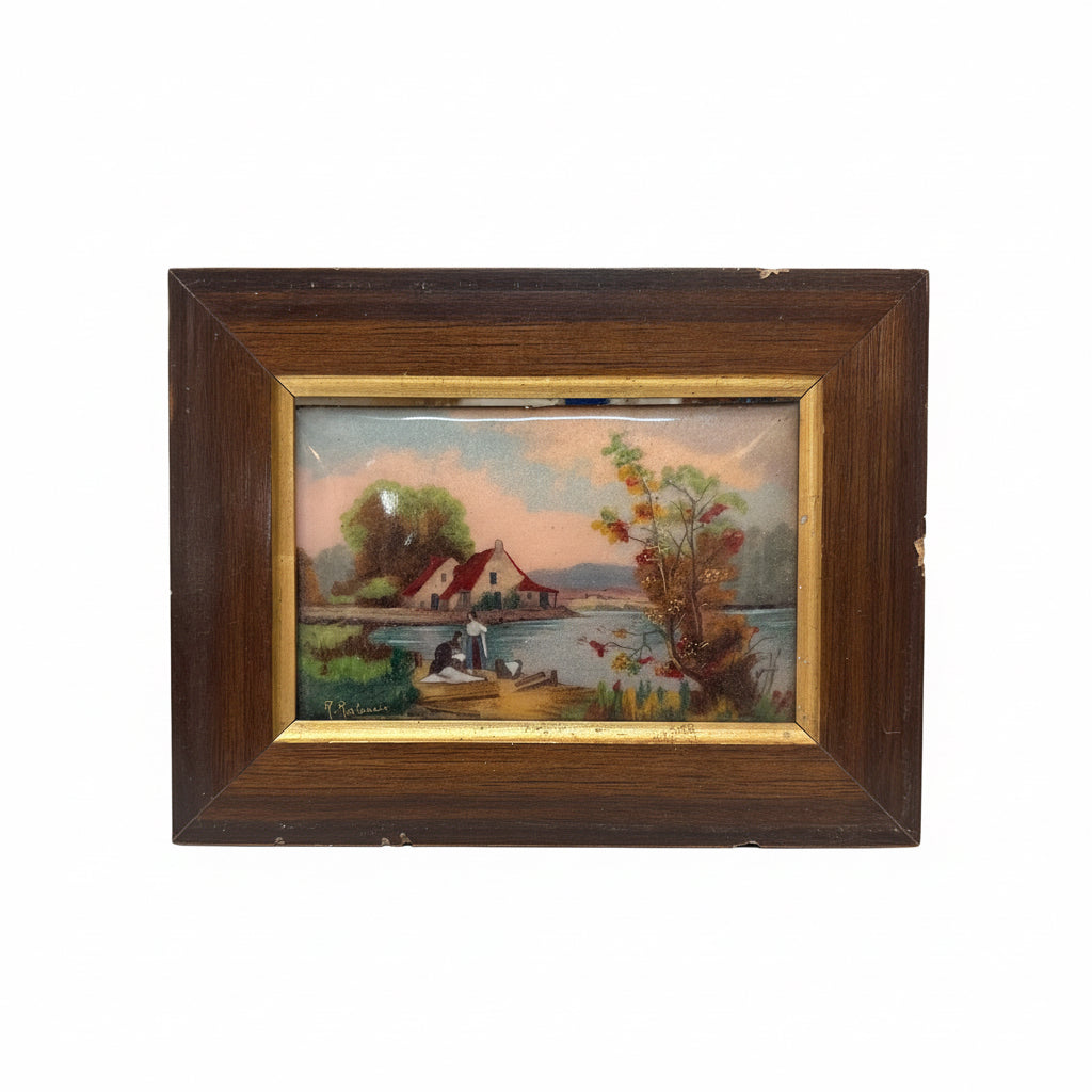 Charming Miniature Landscape Painting by P. Restoueix, Limoges – Antique French Country Scene in Gilt & Ebonized Frame