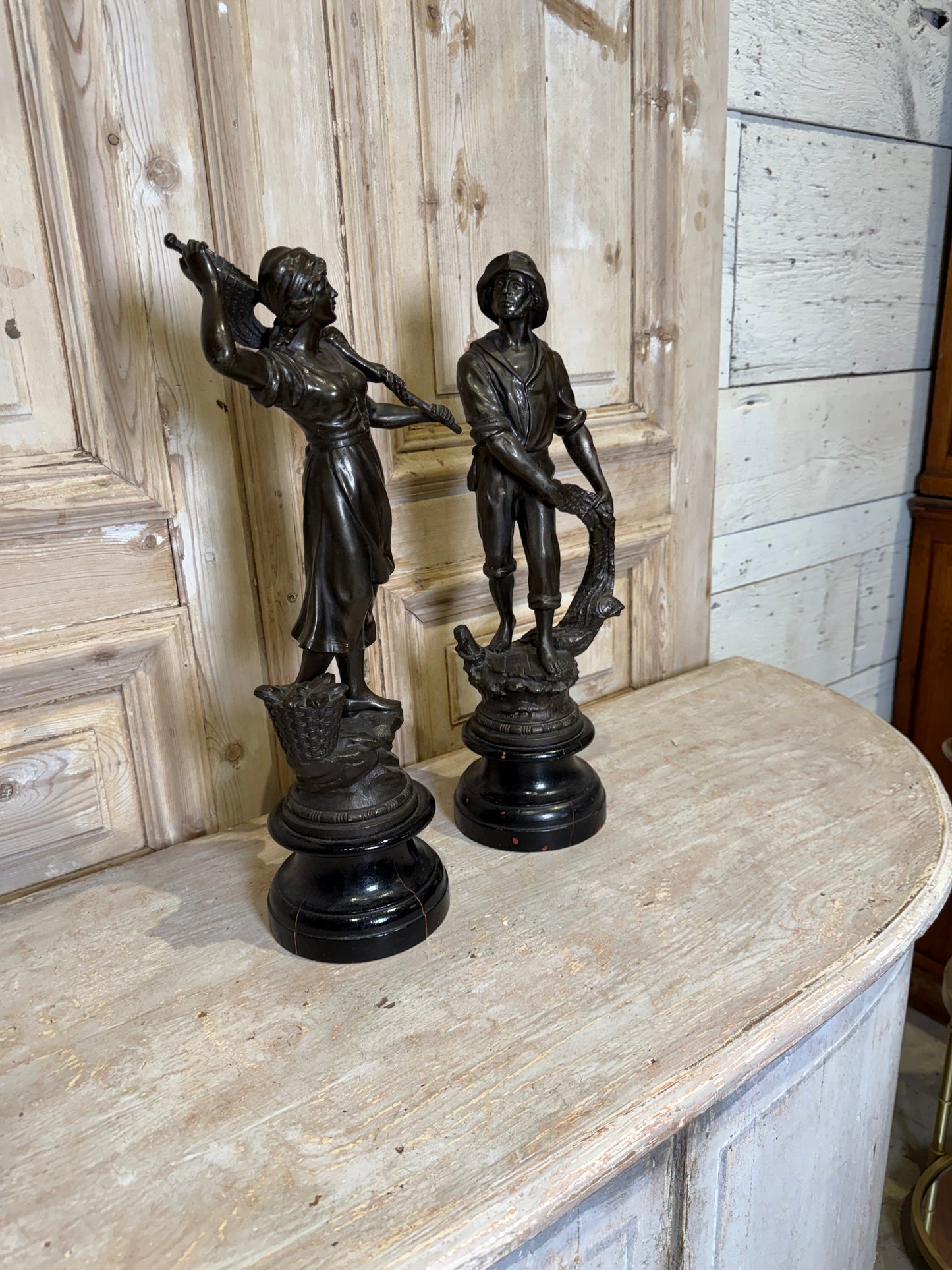 Pair of Bronze Fisher Figures on Wood Base, 1900