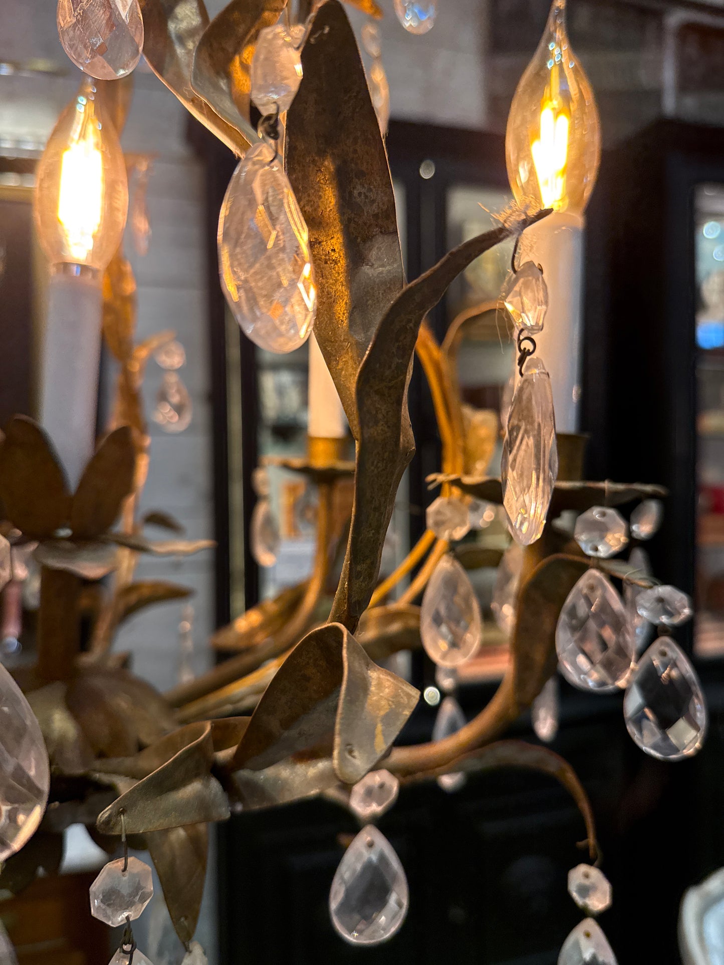 Gilt Iron and Crystal Drop Chandelier