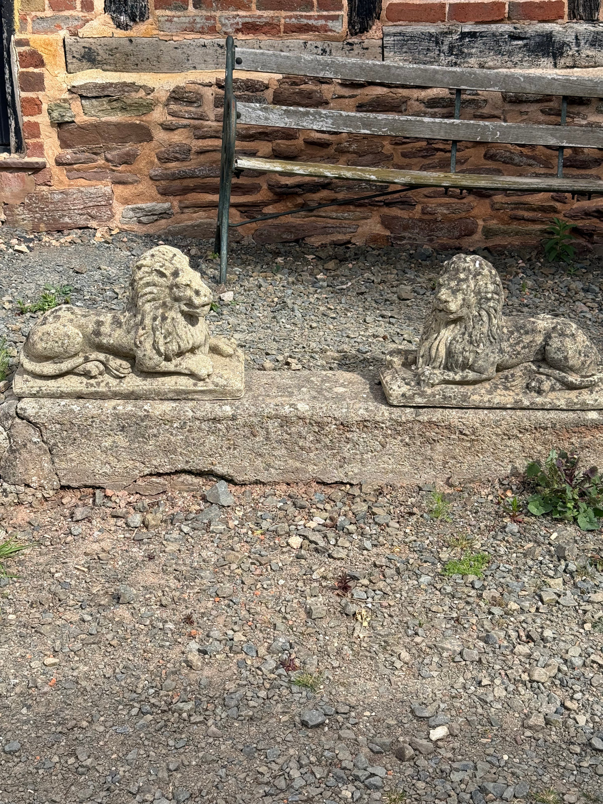 Pair of Antique Composite Stone Lion Statues – Weathered Garden Guardians