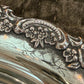 Large Vintage Silverplate Round Serving Tray with Ornate Floral Border and Handles
