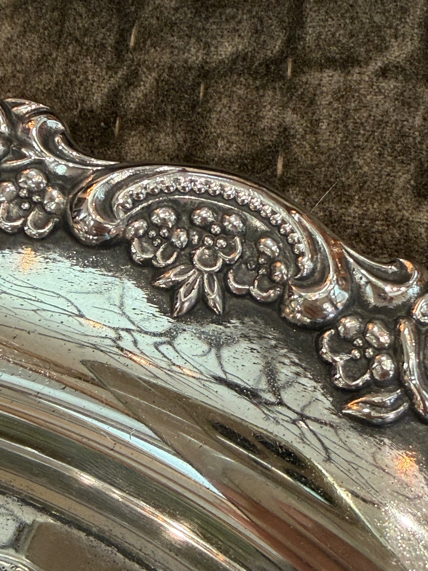 Large Vintage Silverplate Round Serving Tray with Ornate Floral Border and Handles