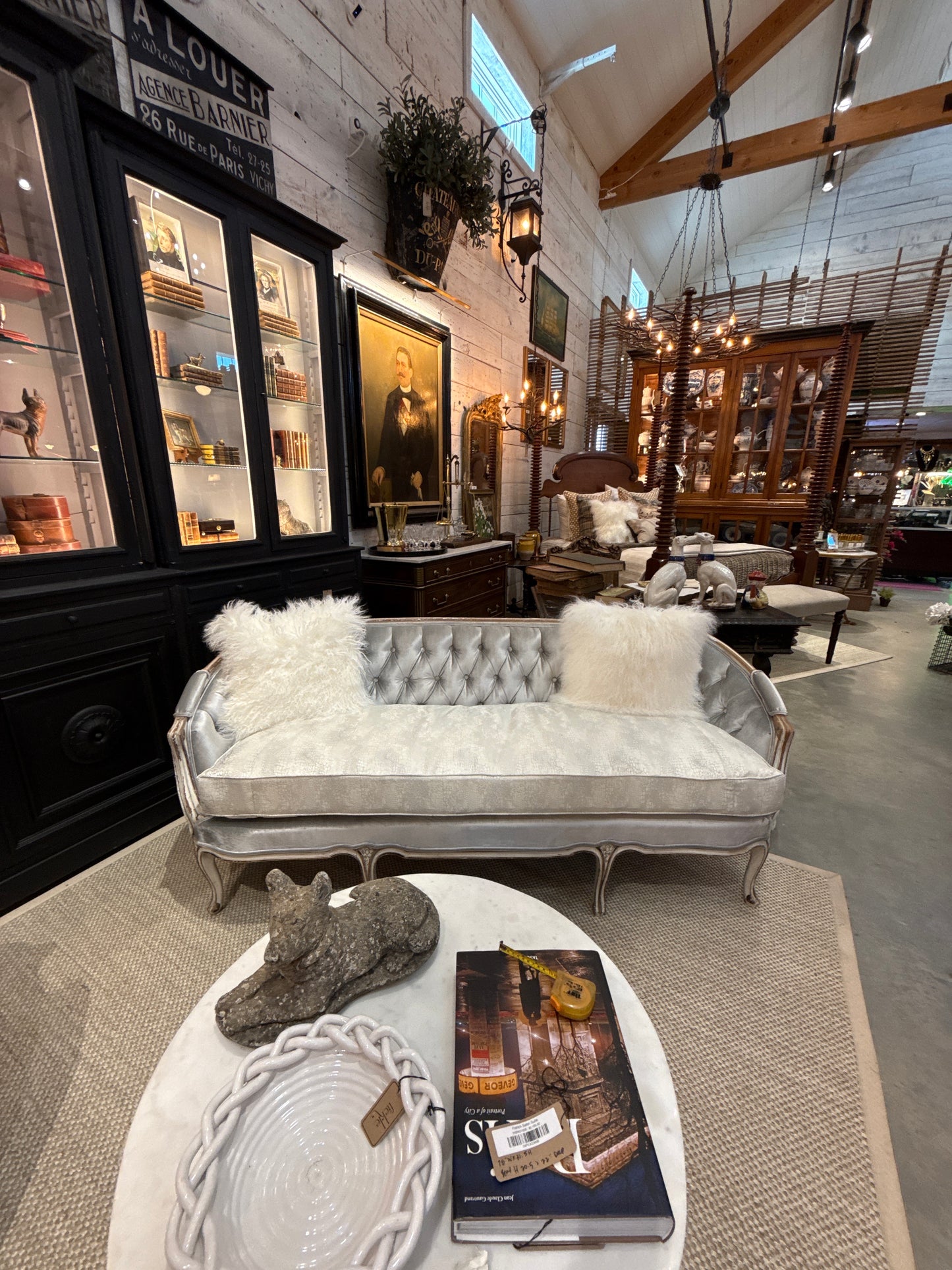 French Louis XV Style Tufted Settee in Silver Velvet Upholstery