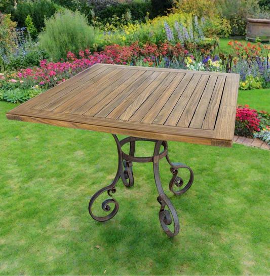 Wood Slatted Square Table with Scrolled Iron Base