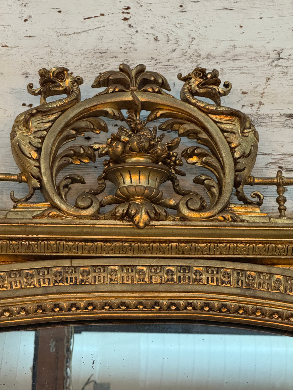 Monumental Louis XVI Style Giltwood Mirror with Foliate Crest