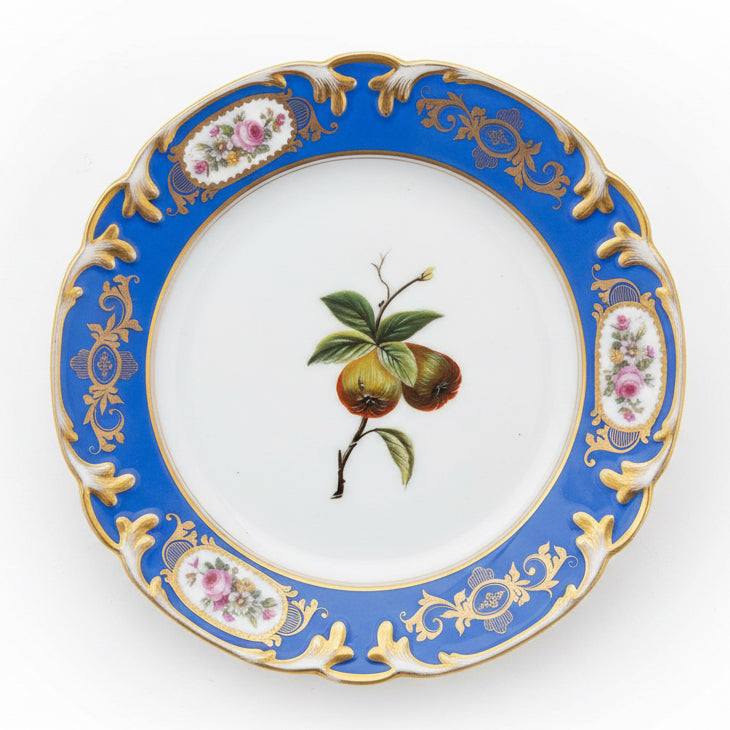 Circa 1850 French Paris Porcelain Plates with Hand Painted Fruit and Cobalt Gilt Rims