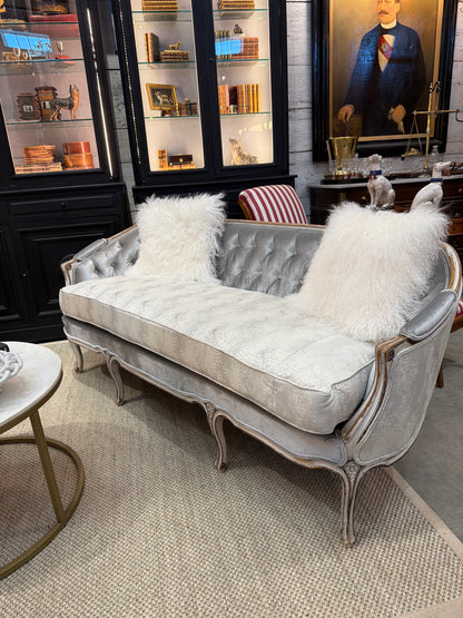 French Louis XV Style Tufted Settee in Silver Velvet Upholstery