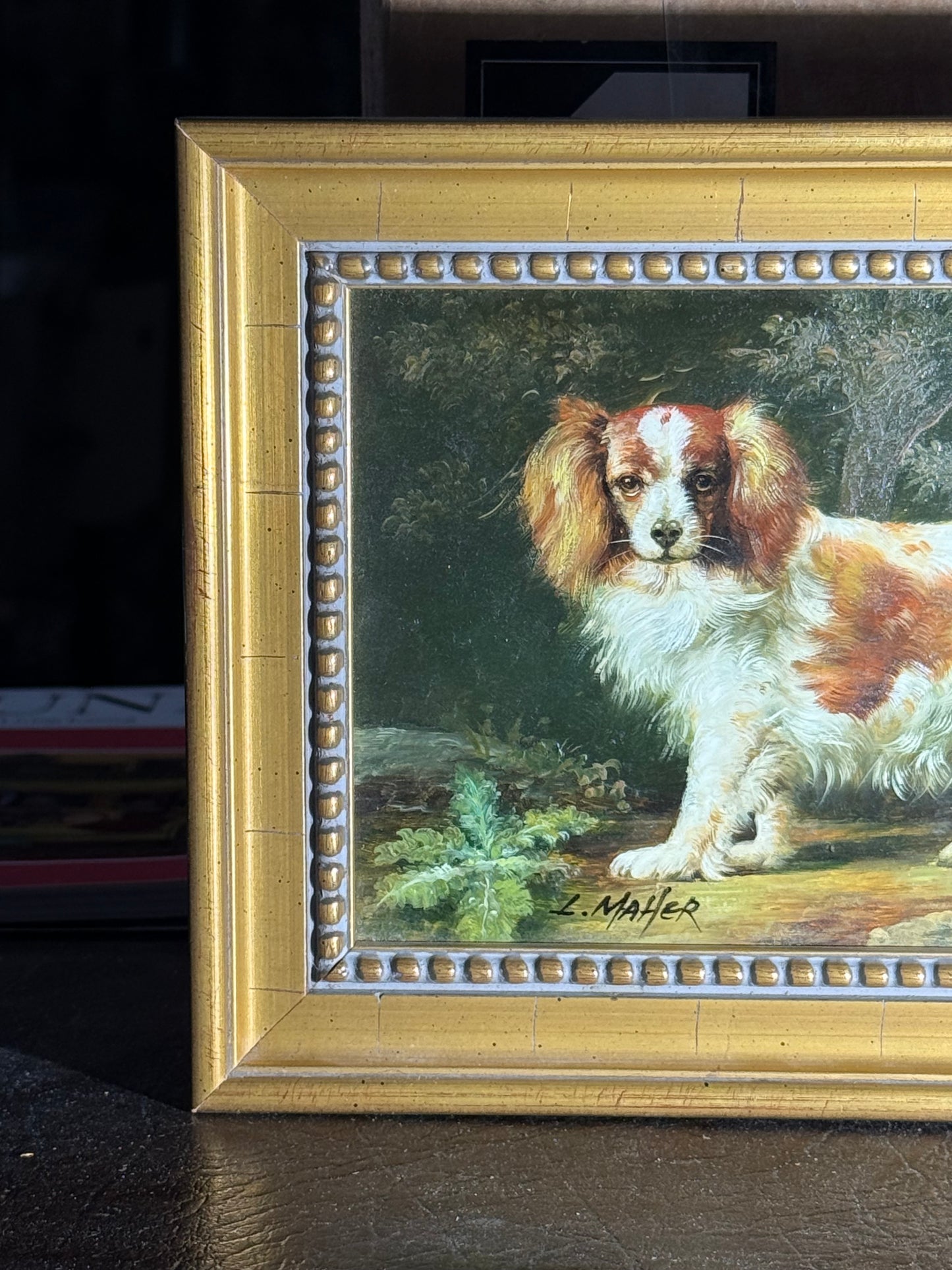 Small European School Oil on Board Signed L. Maher: King Charles Spaniel