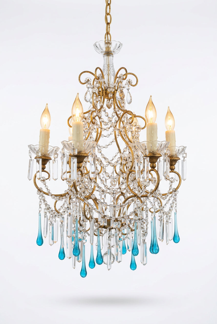 6 Arm Crystal Chandelier with Deep Blue Drops