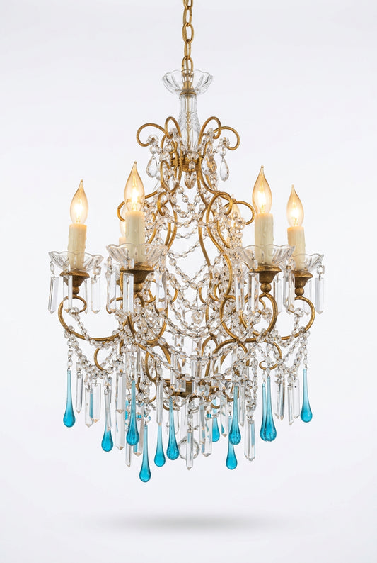 6 Arm Crystal Chandelier with Deep Blue Drops