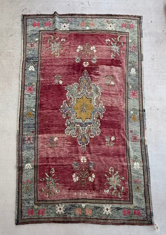 #136 Vintage Turkish Hand Knotted Red and Green Rug