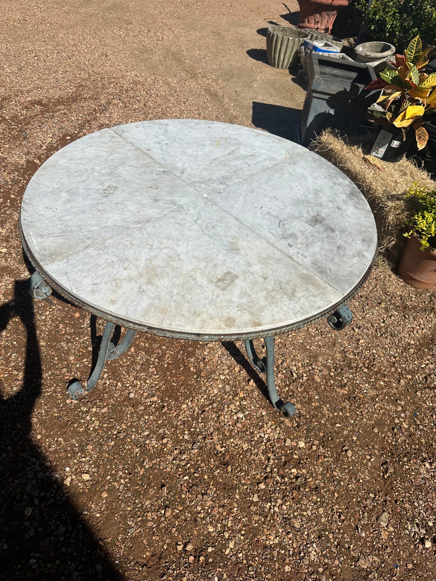 Art Deco Round 4 Piece Marble Top Table with Wrought Iron Base