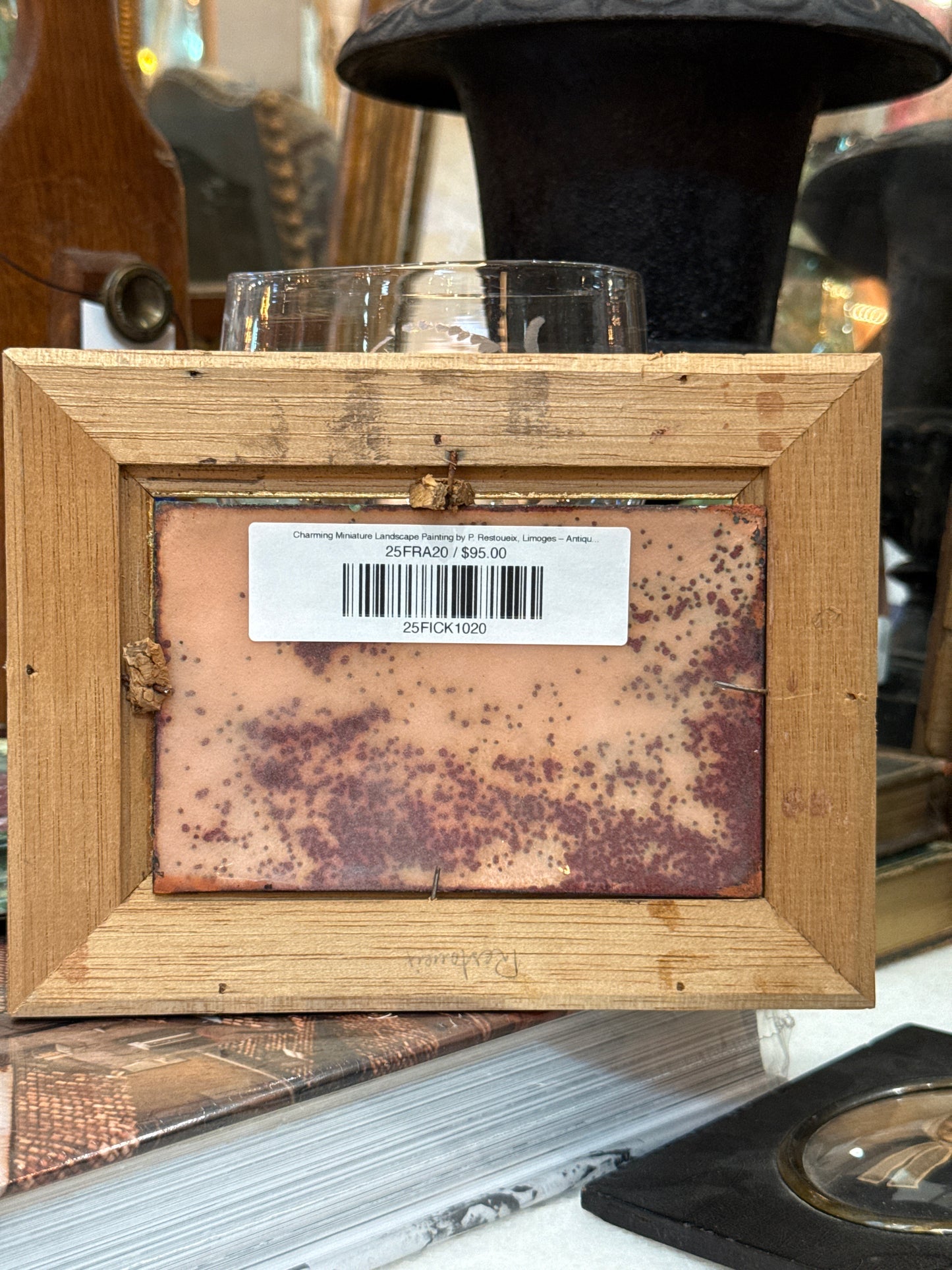 Charming Miniature Landscape Painting by P. Restoueix, Limoges – Antique French Country Scene in Gilt & Ebonized Frame