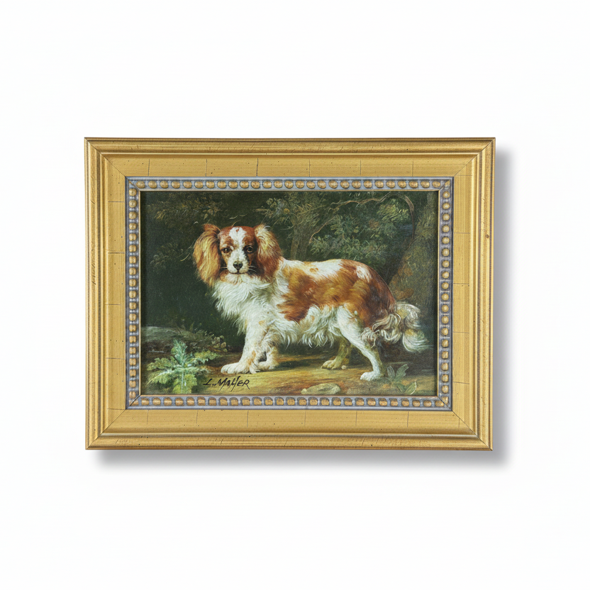 Small European School Oil on Board Signed L. Maher: King Charles Spaniel