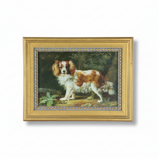 Small European School Oil on Board Signed L. Maher: King Charles Spaniel