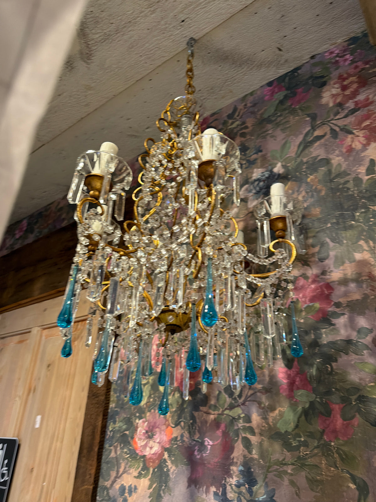 6 Arm Crystal Chandelier with Deep Blue Drops