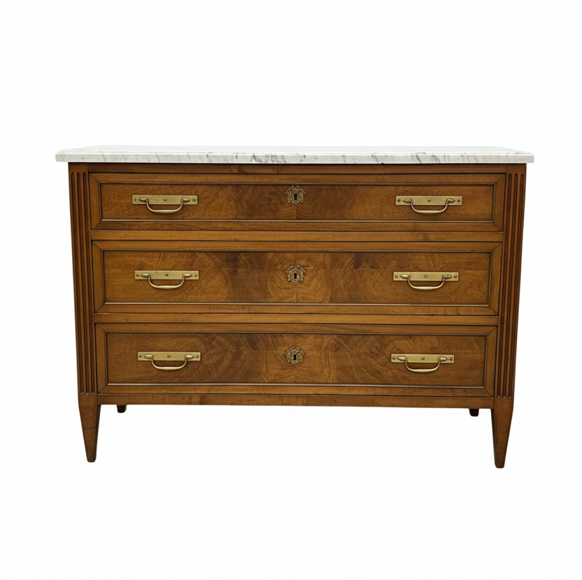 French Louis XVI Mahogany Commode / Chest Bronze Accent with Marble Top 18th Century