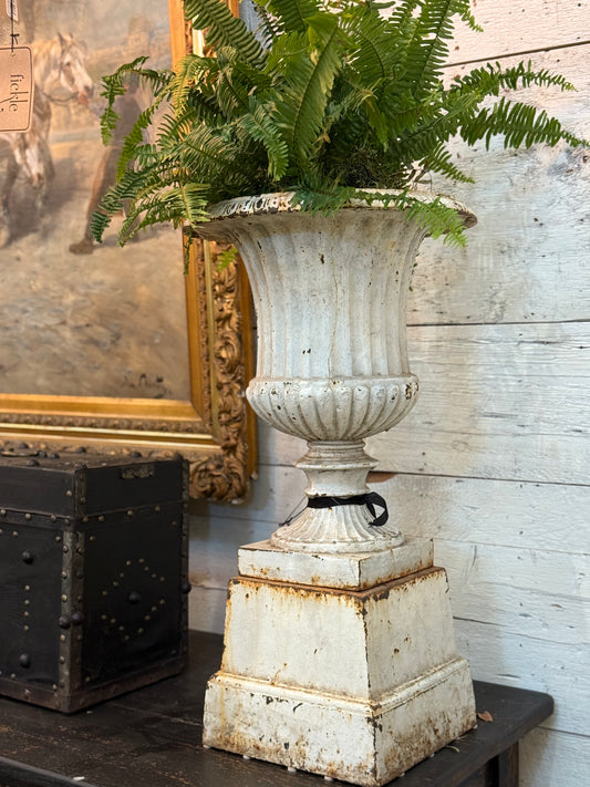 White Cast Iron Urn on Pedestal 27"H x 15"W