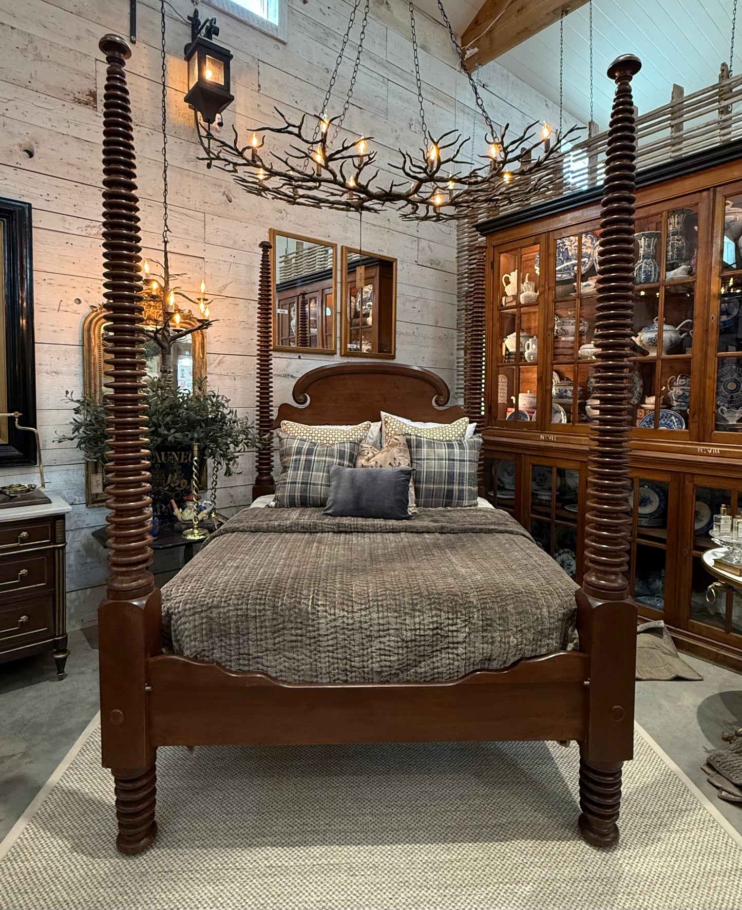 Monumental 19th Century American Empire Mahogany Bobbin Turned Four Poster Canopy Bed — 98” Tall