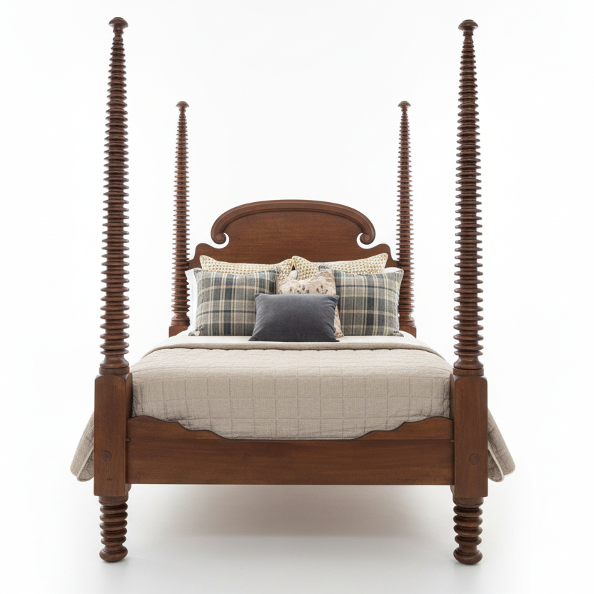 Monumental 19th Century American Empire Mahogany Bobbin Turned Four Poster Canopy Bed — 98” Tall