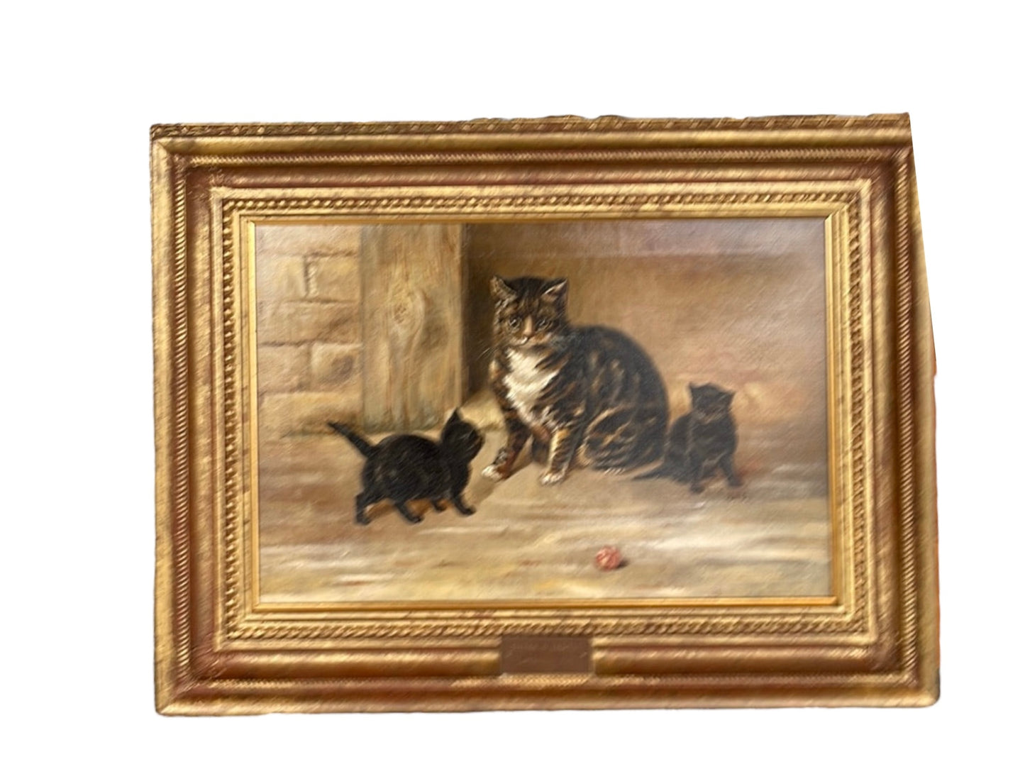 Oil on Canvas Cat with Kittens and Ball: "Sheba and Family"