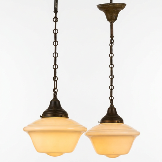Rare 1930s Schoolhouse “Coolie” or “Stepped Cone” Shade Pendant Lights with Original Forged Iron Chain