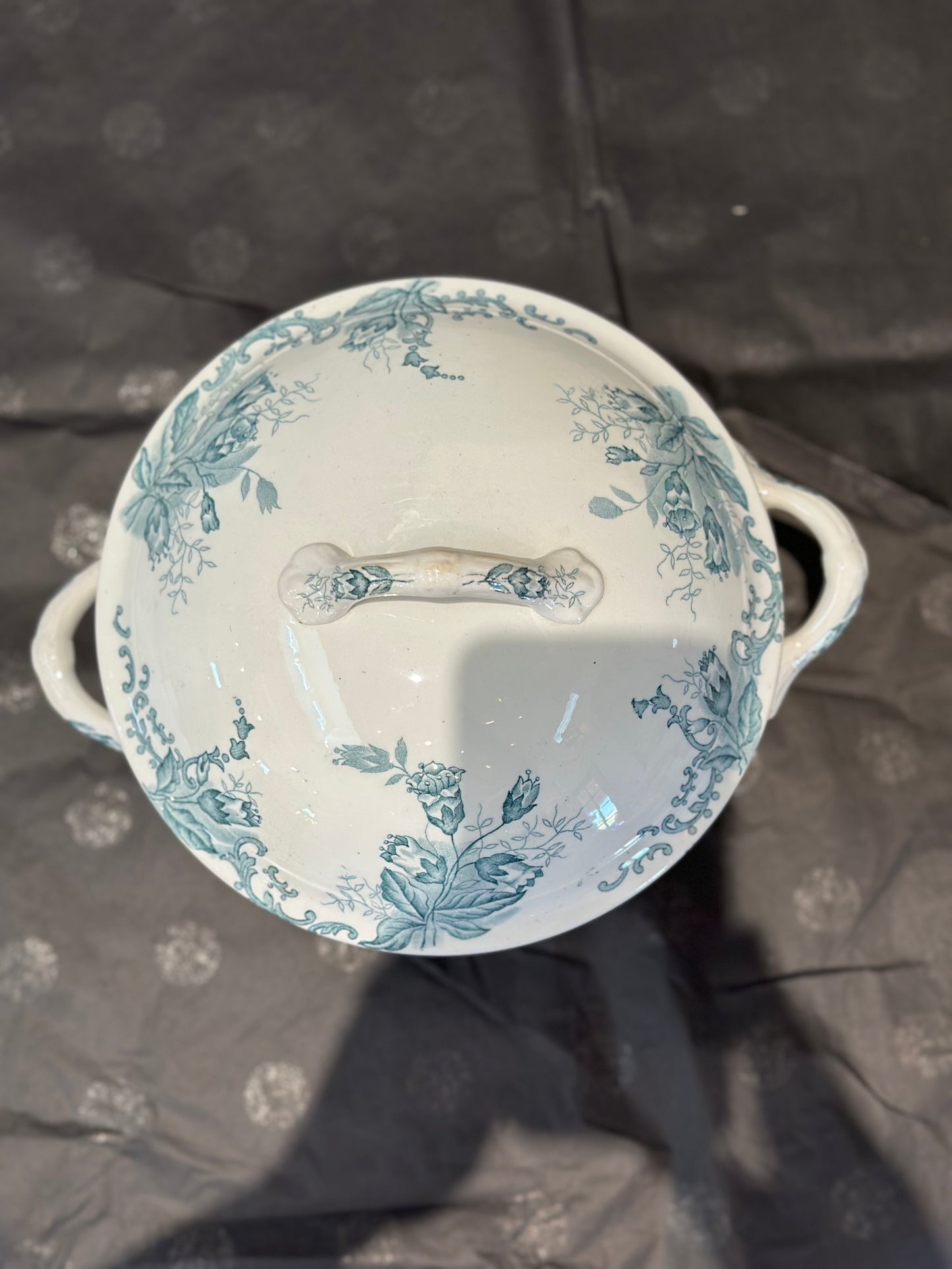 Antique French Ironstone Soup Tureen “Clochettes” Pattern, Blue Floral