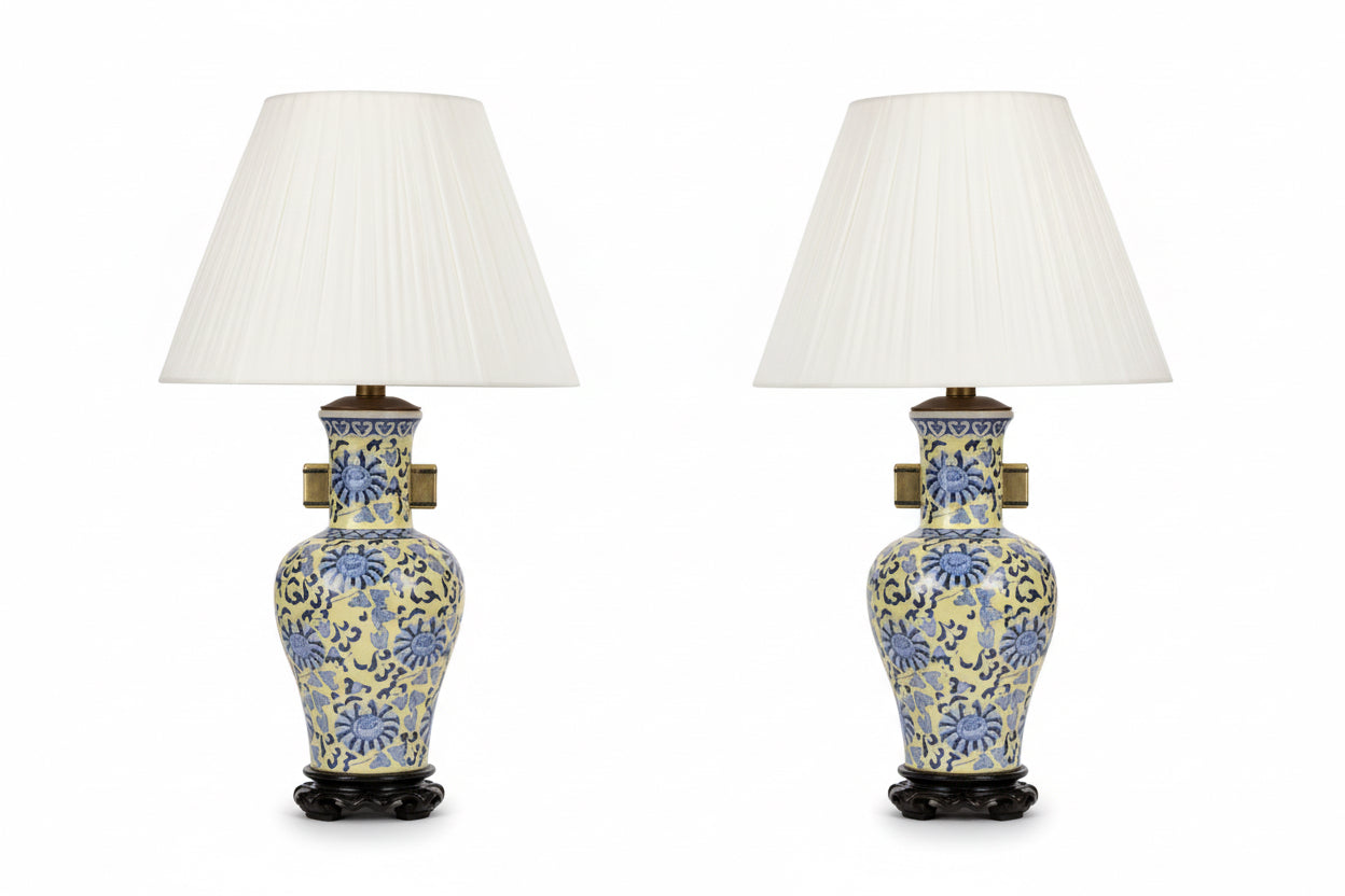 Blue and Yellow Chinoiserie Lamps with New Shades