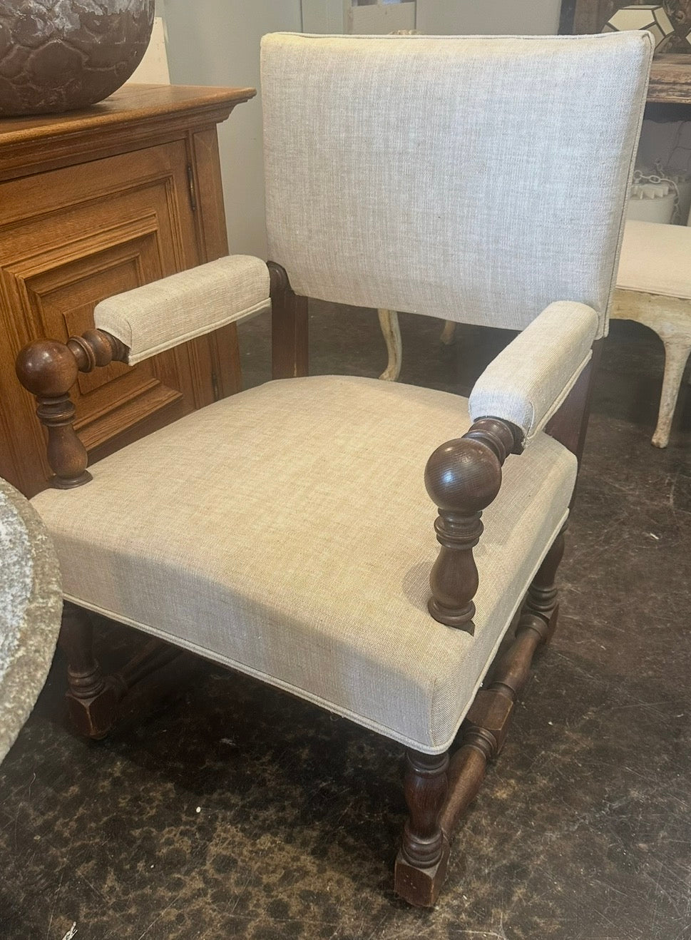 Linen Upholstered Armchair with Turned Wood Frame