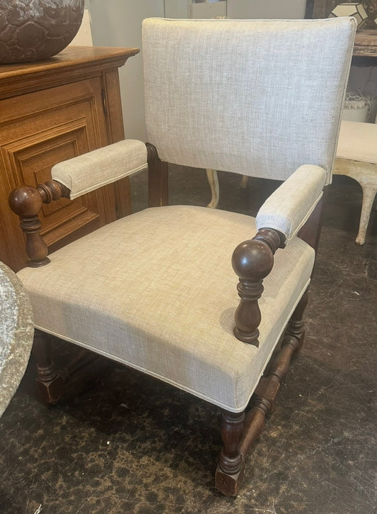 Linen Upholstered Armchair with Turned Wood Frame
