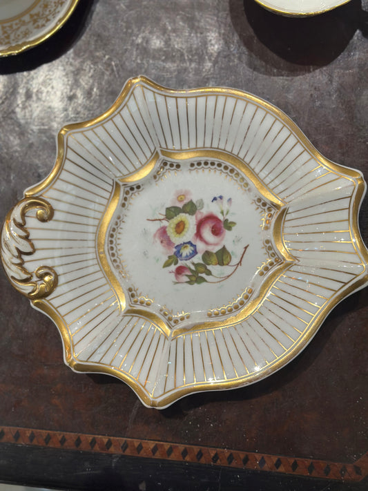 Antique Porecelain Dessert Plate with Gilded Detail and Hand Painted Florals