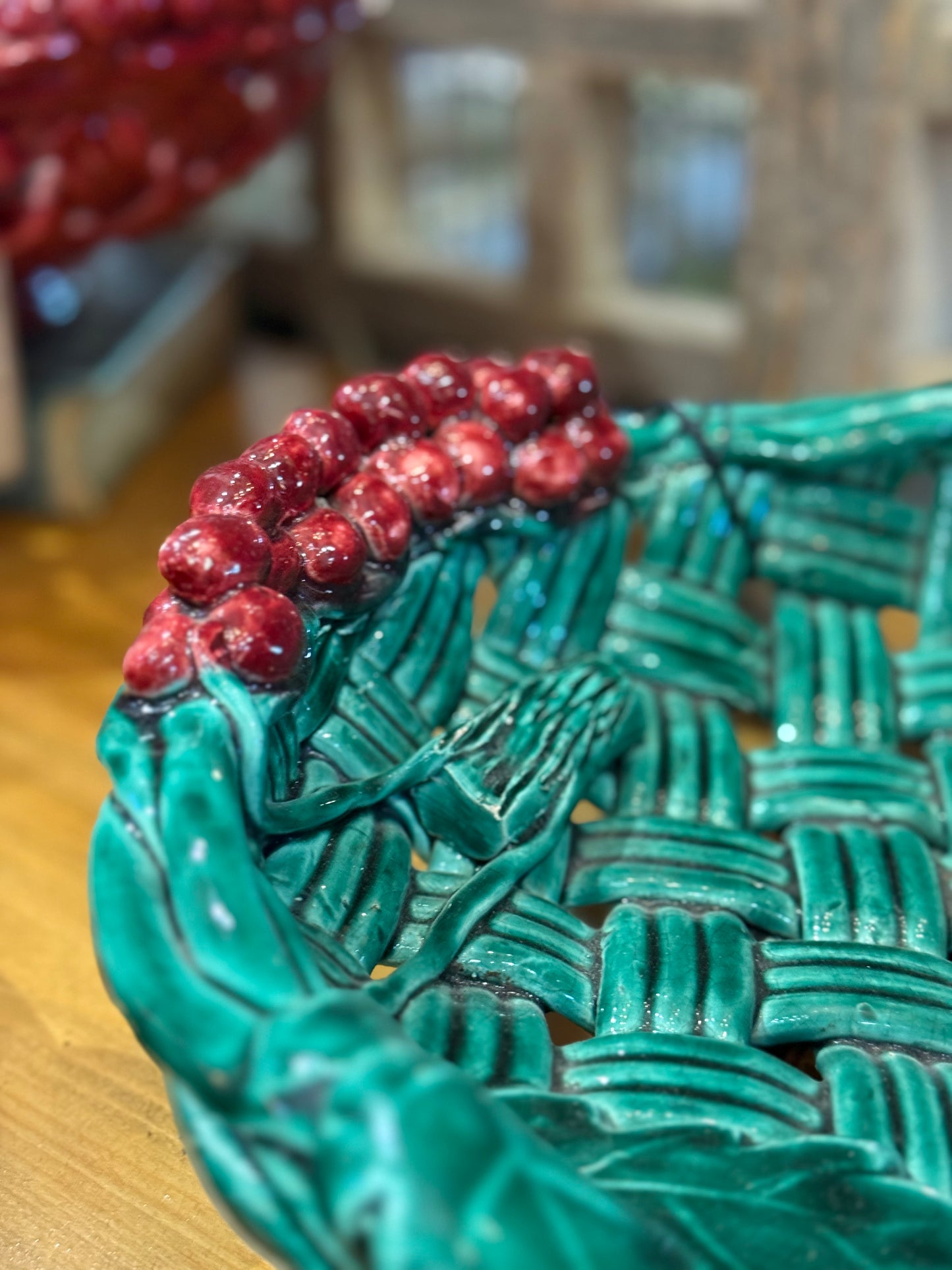 Green Ceramic Basket with Cherries Emile Tessier