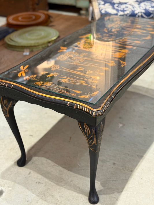 Chinoiserie Black Coffee Table with Botanical Motif