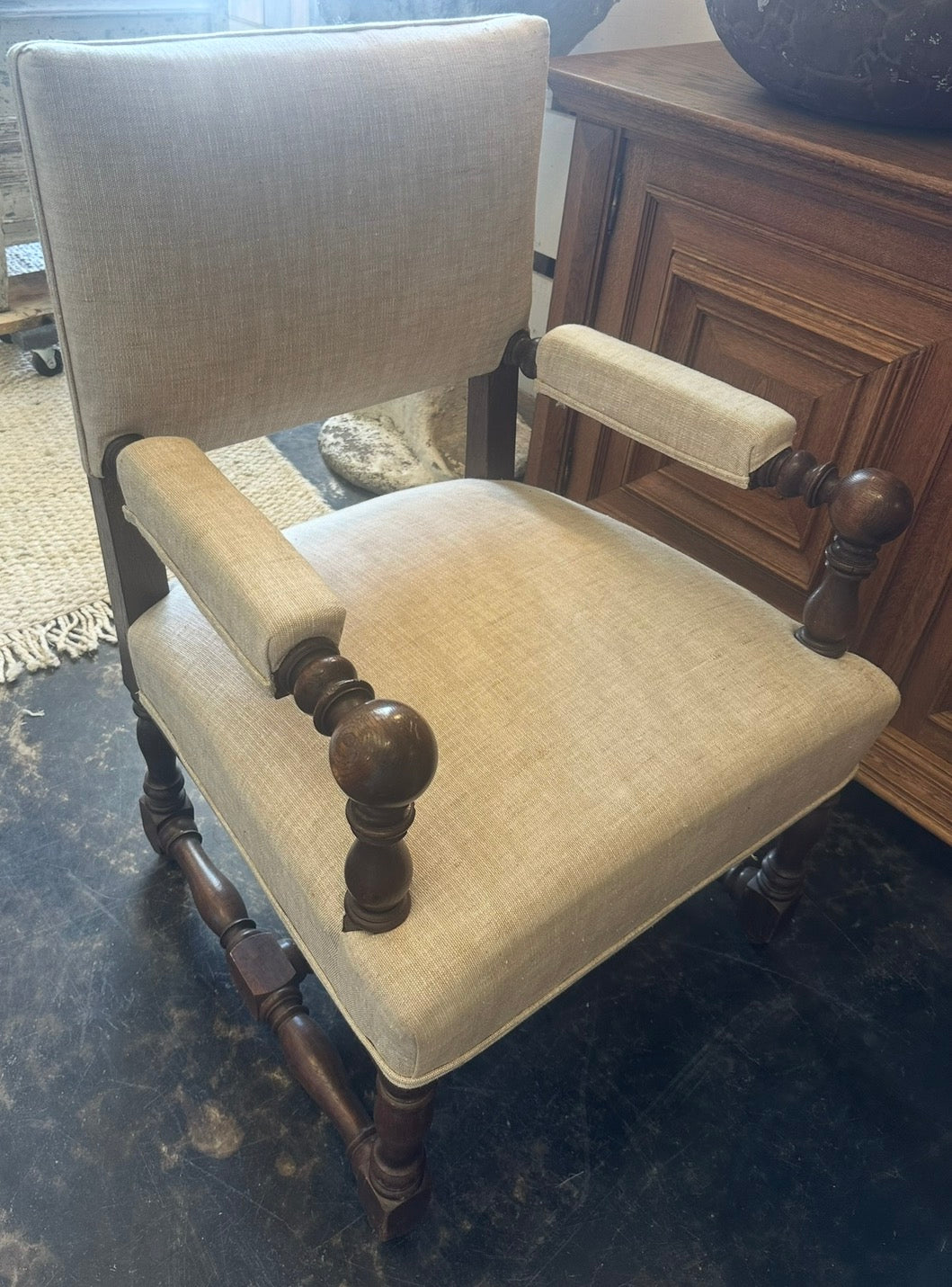 Linen Upholstered Armchair with Turned Wood Frame