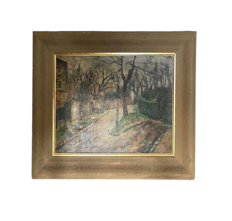 Mid-Century Artist Signed 1950 Oil on Canvas Park Man on Bicycle