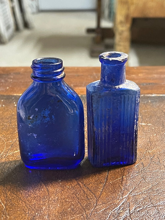 Vintage Cobalt Blue Milk of Magnesia and Plain Glass Bottle