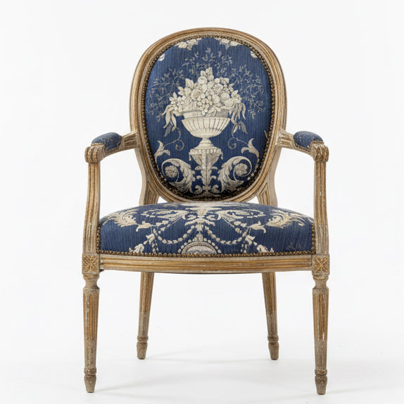 Antique French Louis XVI Style Armchair with Carved Frame & Urn Motif Upholstery