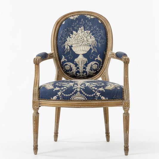 Antique French Louis XVI Style Armchair with Carved Frame & Urn Motif Upholstery