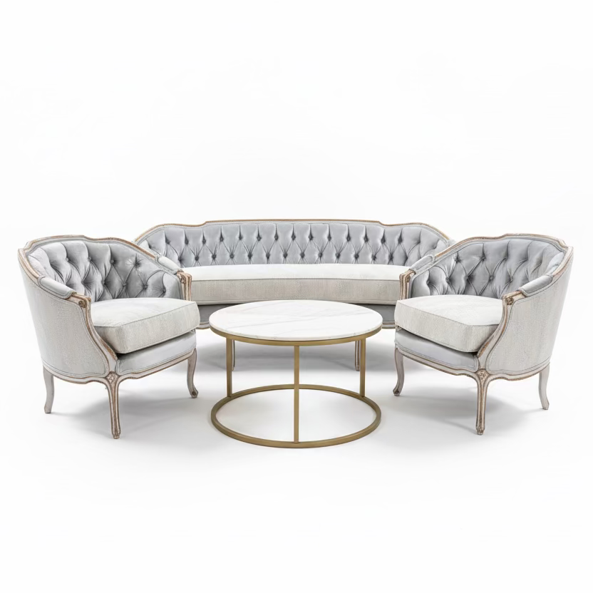 French Louis XV Style Tufted Settee in Silver Velvet Upholstery