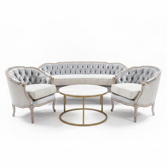 French Louis XV Style Tufted Settee in Silver Velvet Upholstery