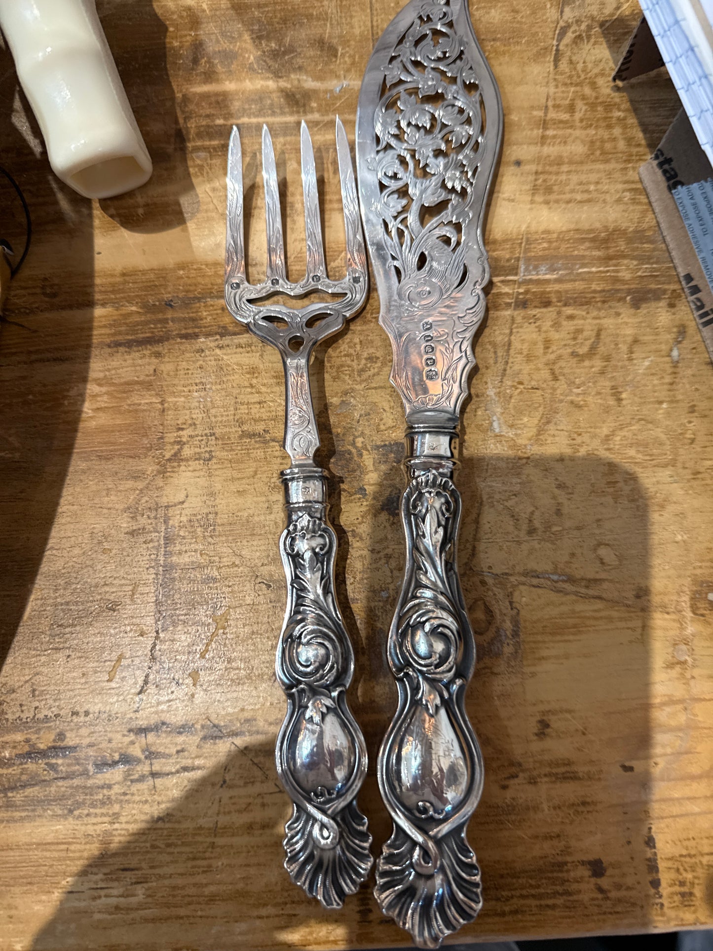 Victorian English Pierced Cake Server & Fork Set – Ornate Rococo Revival, Martin Hall Sheffield