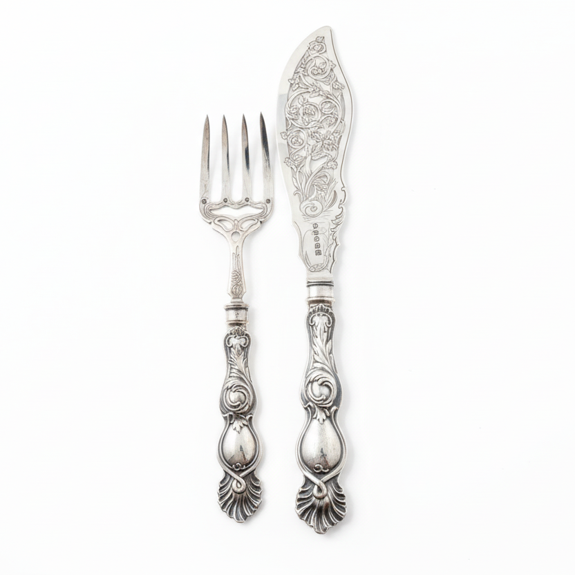 Victorian English Pierced Cake Server & Fork Set – Ornate Rococo Revival, Martin Hall Sheffield